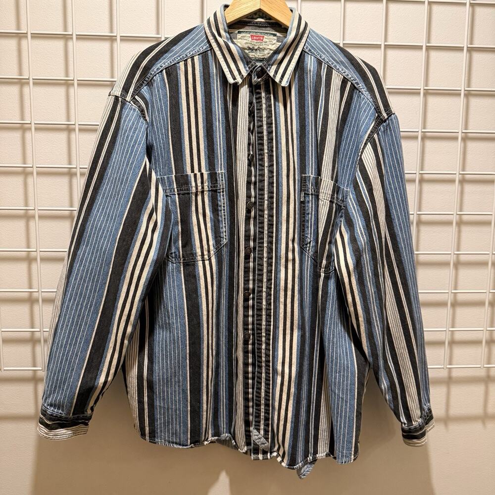 Vintage Levi’s Striped Denim Shirt Mens XL Snap Button Long Sleeve Blue Black